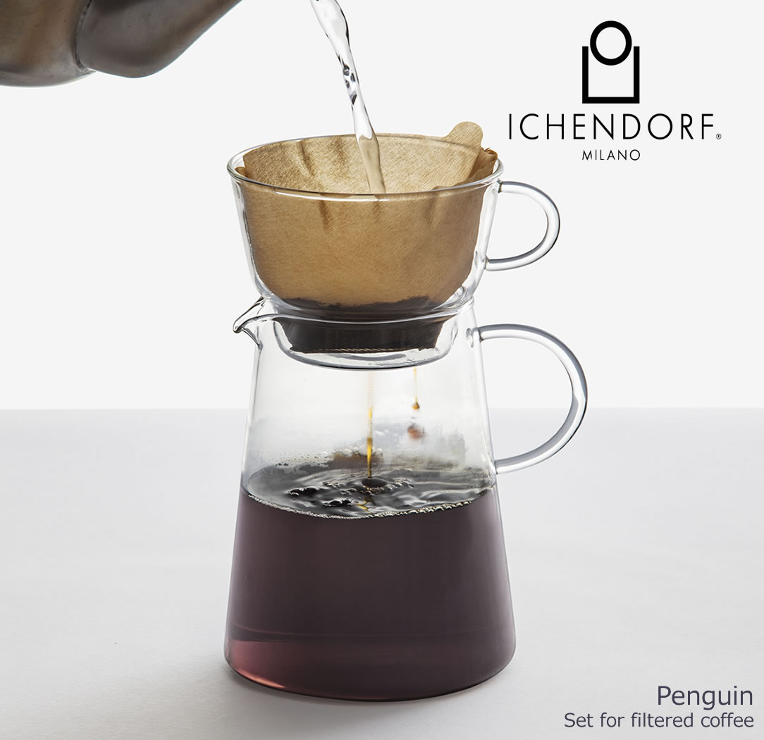 【全品2～20倍♪クーポンも！】ICHENDORF MILANO PENGUIN Coffee Pot with filter saucer 3点セット コーヒーポット フィルター ソーサー ガラス 透明 おしゃれ ウォーマー 業務用 耐熱ガラス セット カバー フィルター ギフト イタリア イッケンドルフ ペンギン