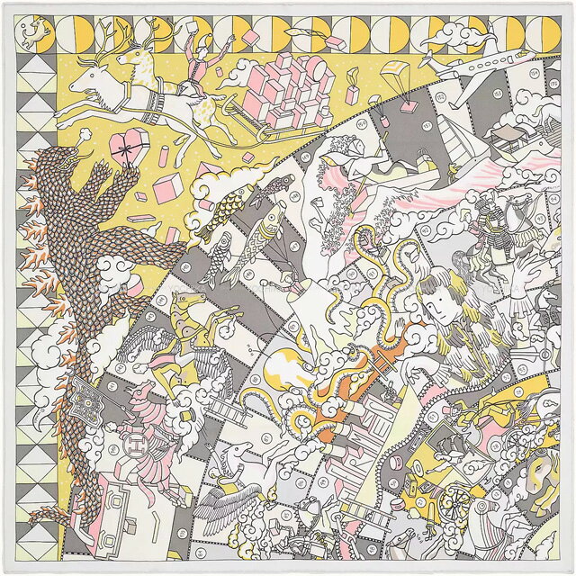 【ご褒美に☆】2021年 秋冬 HERMES エルメス カレ70 エルメスの叙事詩 デタイユ L'Epopee d'Hermes Detail グリス / ジョーヌ / ローズ シルク100％ スカーフ 新品未使用(2021 AW HERMES Carre 70 L'Epopee d'Hermes Detail scarf)【あす楽対応】#yochikaのサムネイル