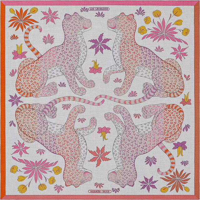 HERMES エルメス カレ140 レオパード グリスシーヌ/ローズ/オレンジ カシミヤ/シルク スカーフ 新品(Carre 140 LES LEOPARDS Natural Cashmere scarf)