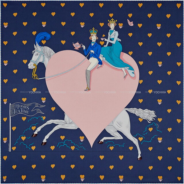 【ご褒美に☆】HERMES エルメス カレ70 エルメスティータイム マリン/ビューローズ シルク100％ スカーフ 新品(HERMES Carre 70 TEA TIME Marine/Vieux rose Silk100% scarf[BRAND NEW][Authentic])【あす楽対応】#yochikaのサムネイル
