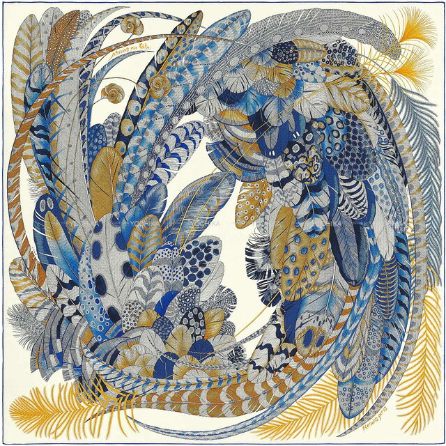 【ご褒美に☆】HERMES エルメス カレ140 プリュム アンフェット 白（ホワイト）/ブルー/ゴールド カシミヤ70% / シルク30% スカーフ 新品(HERMES Carre 140 PLUMES EN FETE Blank(White)/Bleu/Gold Cashmere70% / Silk30% scarf)【あす楽対応】#よちかのサムネイル