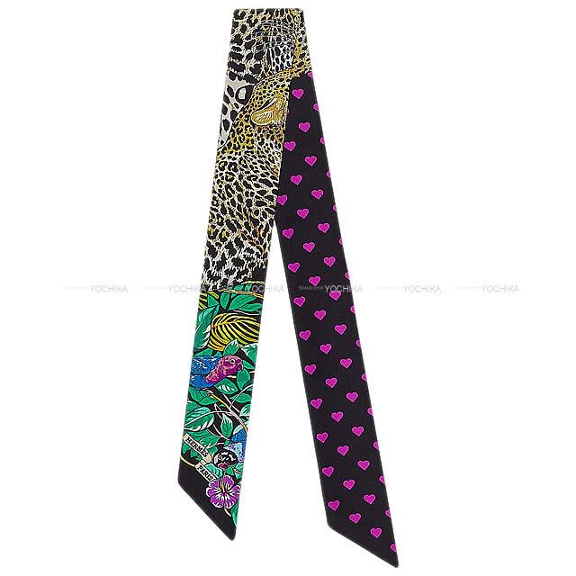 2020年春夏 HERMES エルメス ツイリー ジャングルラブラブ ハート柄 黒/ヴェール/ローズヴィフ シルク100％ スカーフ 新品未使用(2020SS HERMES Twilly Jungle Love Love Black/Vert/Rose vif Silk100% scarf[EXCELLENT][Authentic])のサムネイル