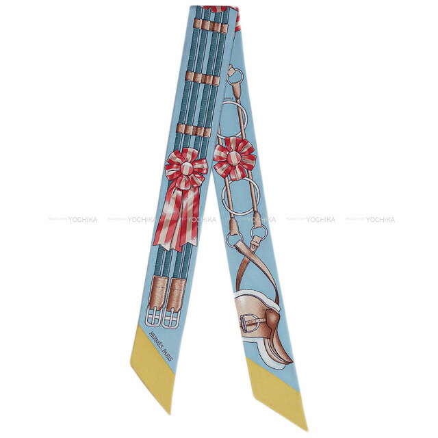 HERMES エルメス ツイリー ジャンピング ブルーグラシエ/コーラル/ムタード シルク100％ スカーフ 新品(HERMES Twilly Jumping Bleu Glacier/Coral/Moutarde Silk100% scarf[BRAND NEW][Authentic])【あす楽対応】#yochikaのサムネイル