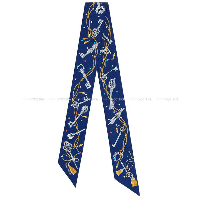 HERMES エルメス ツイリー レクレアポア マリン/グリスアルジェント シルク100％ スカーフ 新品(HERMES Twilly Les Cles a Pois Marine/Gris Argent Silk100% scarf[BRAND NEW][Authentic])【あす楽対応】#yochikaのサムネイル