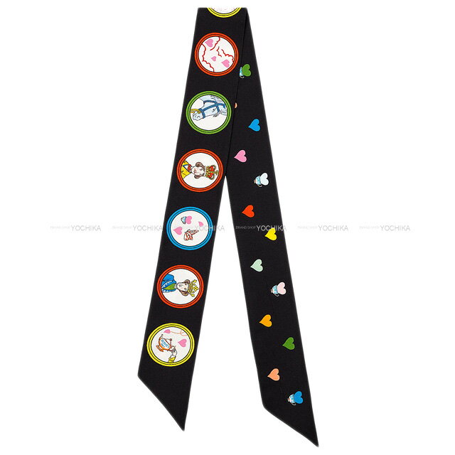 HERMES エルメス ツイリー エルメス ティータイム ハート柄 黒/ルージュ/マルチカラー シルク100％ スカーフ 新品(HERMES Twilly HERMES TEA TIME Black/Rouge/Multicolor Silk100% scarf[BRAND NEW][Authentic])【あす楽対応】#yochikaのサムネイル