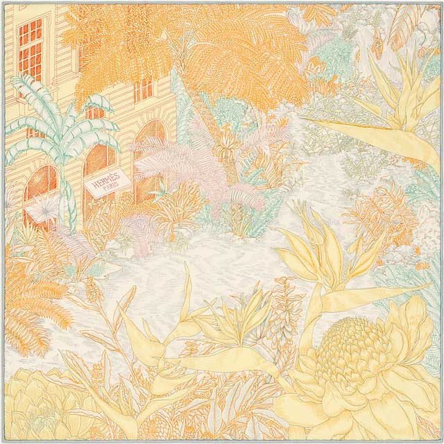 2023年 春夏 新作 HERMES エルメス カレ45 ガヴロッシュ フォーブル トロピカル アプリコット/ヴェール/ジョーヌ シルク100％ スカーフ 新品(2023 SS NEW HERMES Carre 45 Gavroche Faubourg Tropical Apricot/Vert/Jaune Silk100% scarf[BRAND NEW][Authentic])のサムネイル