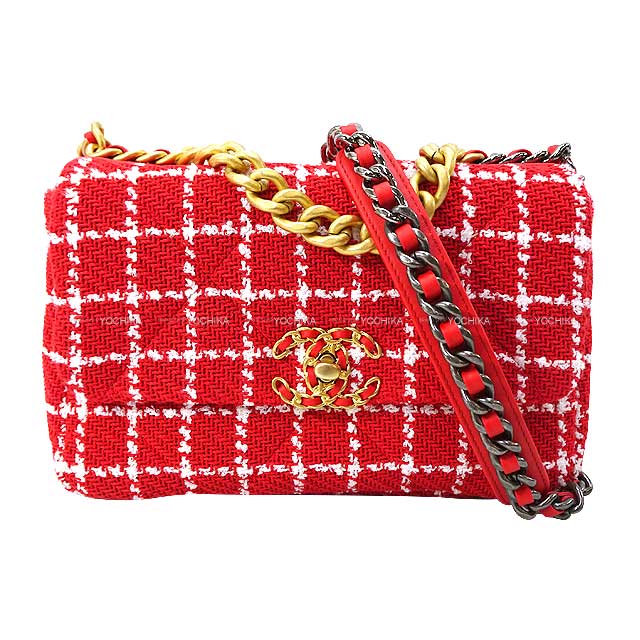 2023年 春夏 新作 CHANEL シャネル シャネル 19 マトラッセ チェーン ココマーク チェック柄 フラップ チェーン レッド/白 (ホワイト) コットンツイード AS1160 ショルダーバッグ 新品(CHANEL 19 Matorasse Chain COCO mark Plaid flap Chain Shoulder bag)のサムネイル