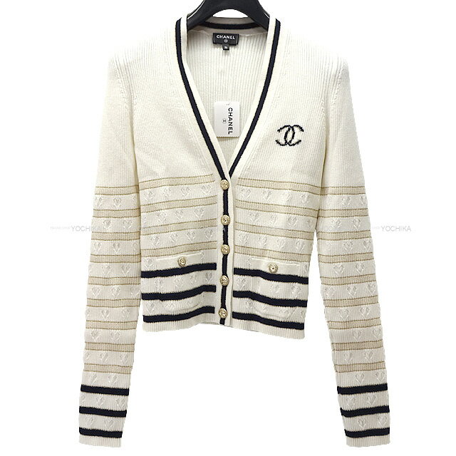 CHANEL シャネル ココボタン付 ハート柄 ボーダー 長袖 #36 アイボリー/黒 カシミヤ P73506 カーディガン 新品(CHANEL Heart Pattern Striped long-Sleeved with Coco Buttons #36 Ivory/Black Cashmere P73506 Cardigan[BRAND NEW][Authentic])【あす楽対応】#yochikaのサムネイル