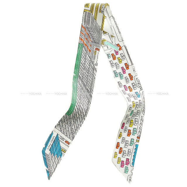 2023年秋冬 HERMES エルメス ツイリー パンタン シティ 白 (ホワイト) /ヴェール/マルチカラー シルク100％ スカーフ 新品(2023AW HERMES Twilly Pantin City Blanc (White) /Vert / Multicolore Silk100% scarf[BRAND NEW][Authentic])【あす楽対応】#yochikaのサムネイル