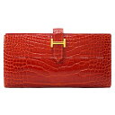 HERMES エルメス ベアンスフレ サンギンヌ クロコダイルアリゲーター ゴールド金具 長財布 T刻印 新品同様【中古】( Pre-loved HERMES Bearn Soufflet Sanguine Crocodile Alligator Lisse Gold HW long wallet LIKE NEW Authentic )【あす楽対応】 yochika