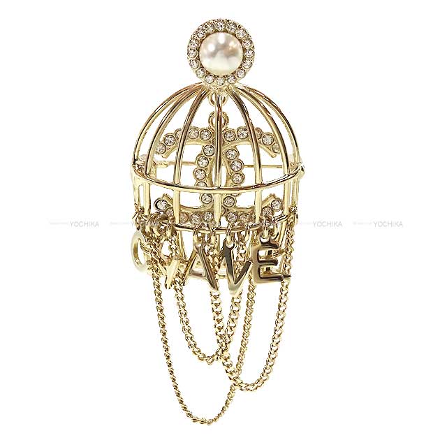 2023年 メティエダールコレクション CHANEL シャネル 鳥籠 ココマーク＆チェーンロゴ ラインストーン パール シャンパンゴールド金具 AB4880 ブローチ 新品(2023 Mtiers d'Art CHANEL Cage COCO Mark&Chain Logo Rhinestone Paerl Champagne Gold HW AB4880 broach)のサムネイル