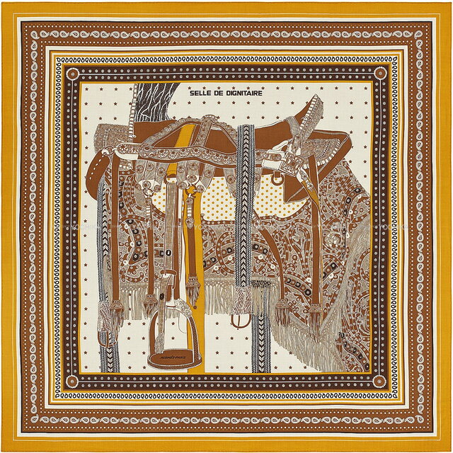 2022年 春夏 HERMES エルメス カレ140 高官の鞍 バンダナ カリー/キャメル/白 カシミヤ70% / シルク30% スカーフ 新品未使用(2022 SS HERMES Carre 140 Selle de Dignitaire BANDANA Curry/Camel/White Cashmere70% / Silk30% scarf)【あす楽対応】#yochikaのサムネイル