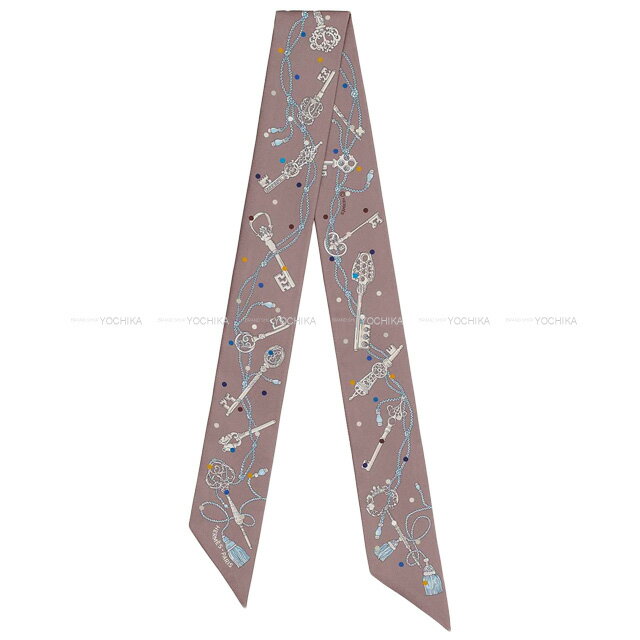 HERMES エルメス ツイリー レクレアポア マロングラシエ/グリス シルク100％ スカーフ 新品(HERMES Twilly Les Cles a Pois Marron glacier/Gris Silk100% scarf[BRAND NEW][Authentic])【あす楽対応】#yochikaのサムネイル