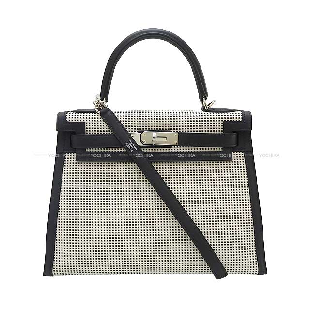 HERMES ᥹ ꡼28 ˥  (֥å)/ (ۥ磻) ե ȥ륭ɥ꡼ С Хå U (HERMES Kelly28 Sellier Noir (Black)/Blanc (White) Veau Swift Toile Quadrille Silver HW Shoulder bag)ڤб#yochika