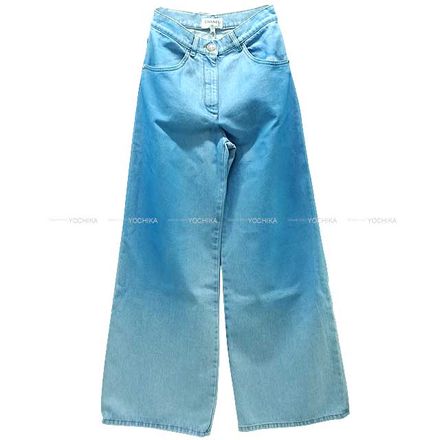 2024年 春夏 クルーズコレクション 新作 CHANEL シャネル ワイド デニム ジーンズ グラデーション ココボタン #34 ブルー/レインボー コットン P76361 デニムパンツ 新品(Wide Denim Jeans Gradation COCO Button #34 Blue/Rainbow Cotton P76361 Denim Pants)