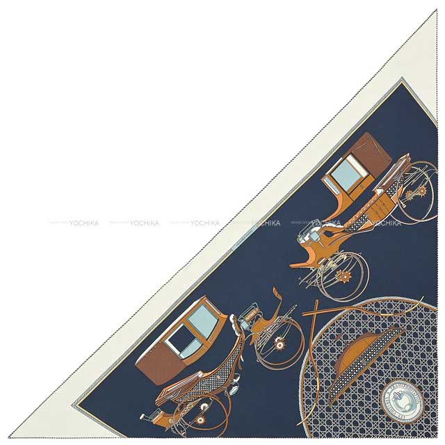2023年秋冬 HERMES エルメス トライアングル ジェアン 折畳み式幌の馬車 白 (ホワイト)/キャバン(カバン)/タバック カシミヤ70% / シルク30% スカーフ 新品未使用(HERMES Triangle Geant Les Voitures a Transformation scarf[EXCELLENT][Authentic])【あす楽対応】#yochikaのサムネイル