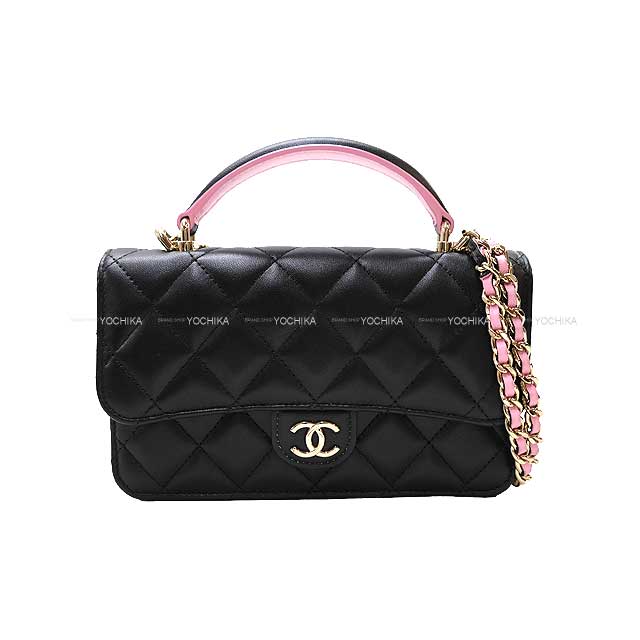 CHANEL シャネル ミニマトラッセ フラップ チェーン 黒 (ブラック)/ピンク ラムスキン シャンパンゴールド金具 AP3226 ショルダーバッグ 新品同様【中古】([Pre-loved] CHANEL Mini Matelasse Frap Chain Noir (Black)/Pink Lambskin Champagne Gold HW Shoulder bag)