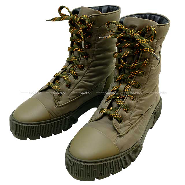 HERMES エルメス ショートブーツ フレッシュ #39 カーキ キルティングパラシュート/ファブリック/カーフ #39 ブーツ 新品同様( HERMES Short Boots Fresh #39 Kaki Quilting Parachute/fabric/Calf #39 boots)#yochika
