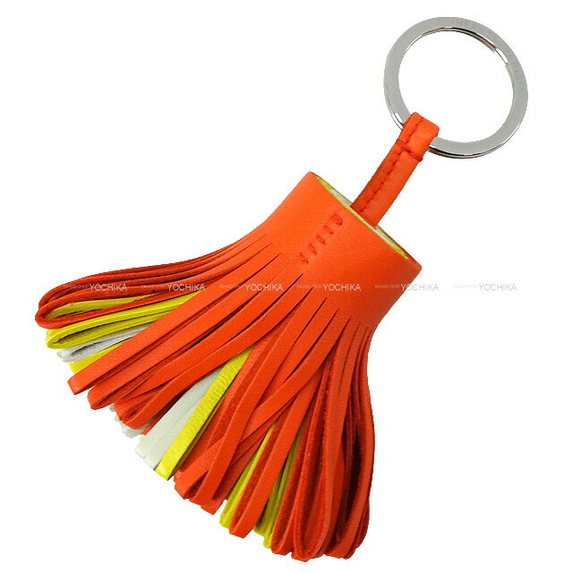 エルメス キーホルダー（レディース） HERMES エルメス カルメン トリコロール オレンジミニウム (オレンジミニアン)/ライム/ヴェールフィズ アニューミロ(ラム) キーホルダー B刻印 新品未使用(HERMES Carmen Tricolor Orange Minium/Lime/Vert Fizz Agneau Milo key ring[EXCELLENT][Authentic])#yochika