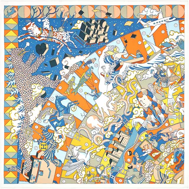 2021年秋冬 HERMES エルメス カレ70 エルメスの叙事詩 白 (ホワイト)/ポティロン/マルチカラー シルク100％ スカーフ 新品未使用(2021AW HERMES Carre 70 L'EPOPEE D'HERMES DETAIL Blanc (White)/Potiron/Multicolor Silk100% scarf[EXCELLENT][Authentic])のサムネイル