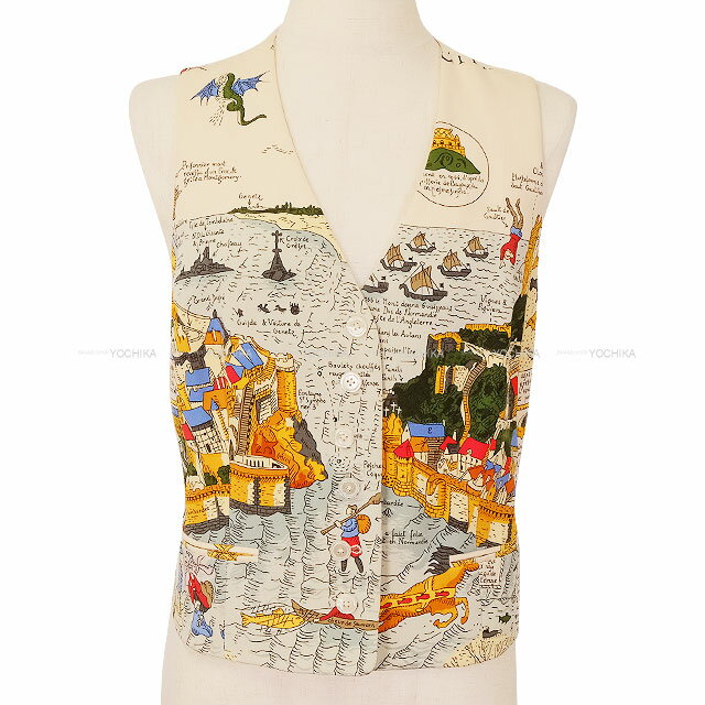 HERMES エルメス ヴィンテージ ポケット モンサンミッシェル ボタン マルチカラー シルク100％ #40 ゴールド金具 ベスト 新品同様【中古】([Pre-loved] HERMES Vintage Pocket Mont Saint Michel Button Multicolor Silk100% Gold HW Vests[LIKE NEW][Authentic])