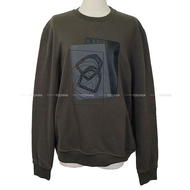 2024年秋冬 HERMES エルメス メンズ 裏起毛 長袖 レザーパッチ 鎧・デカレ グレー コットン/ラムスキン #M スウェット 新品同様【中古】([Pre-loved] 2024AW HERMES Men's Wool Lining Long Sleeve Leather Patch Etriers Decales Grey Cotton/Lambskin Sweat[LIKE NEW])