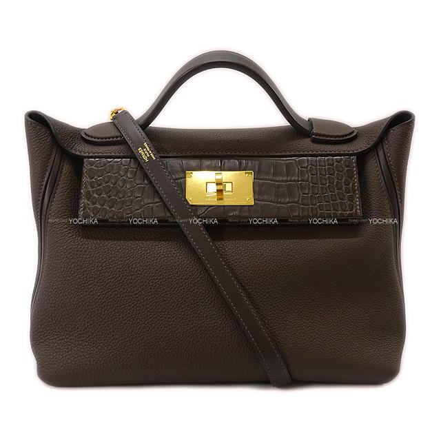 HERMES エルメス ショルダーハンドバッグ "サック 24/24 - 29 ヴァンキャトル" ショコラ トゴ/クロコダイルアリゲーターマット ゴールド金具 新品 (HERMES Shoulder handbag "Sac 24/24 29" Chocolat Togo/Crocodile Alligator Mat GHW[Authentic])【あす楽対応】#yochikaのサムネイル