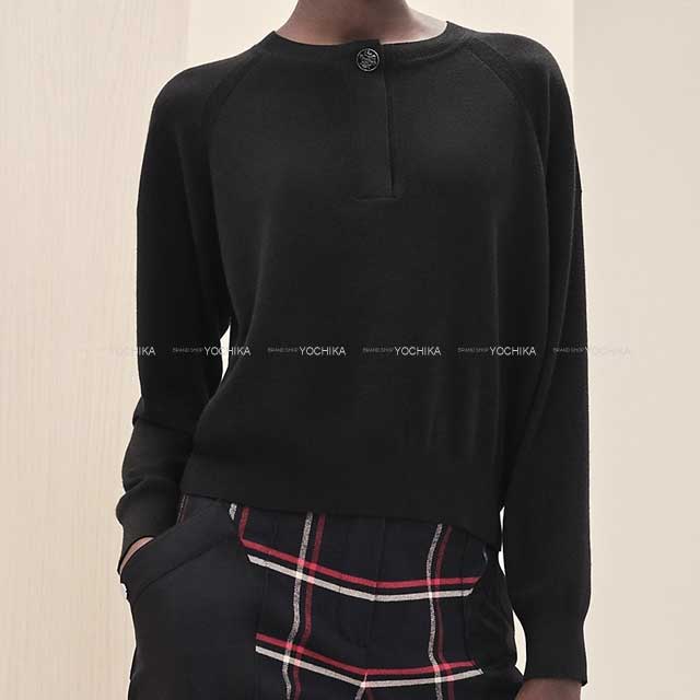 2023N H~ V HERMES GX fB[X GNXuX S{^  | Z[^[ #36  (ubN) JV~50% / VN50% jbg Vigp(Ladies Ex-Libris Logo Button Long Sleeve Polo Sweater #36 Noir (Black) Cashmere50% / Silk50% Knit)