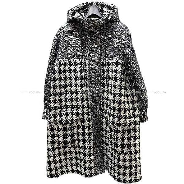 2016年 CHANEL シャネル フード付 ツイード 千鳥柄 黒/エクリュ アクリル/ウール メタルシルバー金具 P54586 ピーコート 新品未使用(2016 CHANEL Hood Tweed Houndstooth coat[EXCELLENT][Authentic])【あす楽対応】#よちか