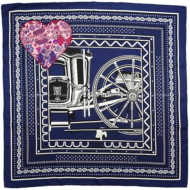 HERMES GX J70 xk̔n n[g AbvP }// VN100 XJ[t Vigp(HERMES Carre 70 Balade en Berline Heart Applique Marine/Black/White Silk100% scarf[EXCELLENT][Authentic])yyΉz#悿