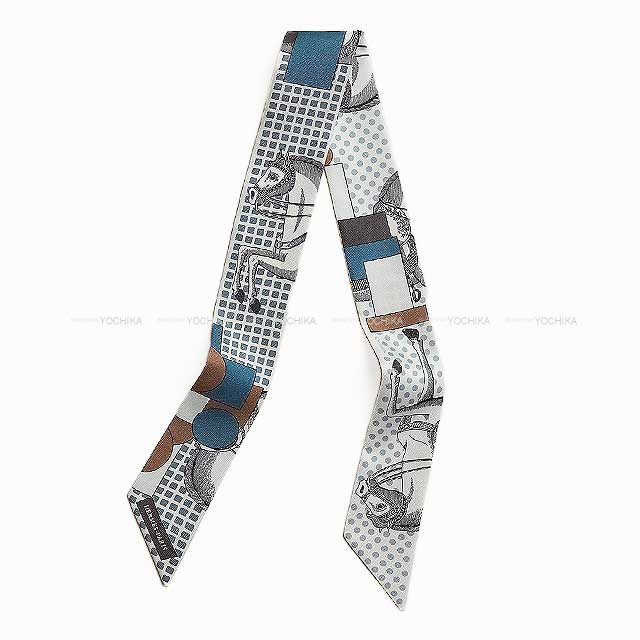 2024秋冬 新作 HERMES エルメス ツイリー カヴァリエ・アン・フォルム 白/グリス/ブルン シルク100％ スカーフ 新品(2024AW NEW HERMES Twilly Cavalier en Formes Blanc/Gris/Brun Silk100% scarf[BRAND NEW][Authentic]) #よちかのサムネイル
