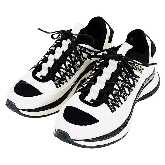 2025年 クルーズコレクション 新作 CHANEL シャネル スピンドル ココマーク #38 白 (ホワイト)/黒 (ブラック) ファブリックスエ―ドカーフスキン G46260 スニーカー 新品(2025 Cruise NEW Spindle COCO Mark #38 Blanc (White)/Noir (Black) G46260 sneakers)のサムネイル