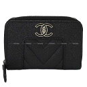 CHANEL シャネル ジップ カードケース ココ マドモアゼルライン シェヴロン ステッチ 黒 (ブラック) グレインドカーフ(キャビアスキン) シルバー金具...