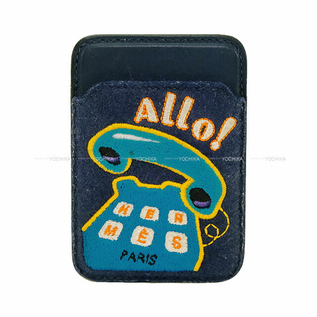 HERMES エルメス マグセーフ 刺繍 エマン アロ！ ブルーネイビー/マルチカラー スイフト/フェルト W刻印 新品同様【中古】([Pre-loved] HERMES  MagSafe Embroidery Eman  Allo! Blue Navy/Multicolor Veau Swift/Feutre(Felt) card holder[LIKE NEW][Authentic])