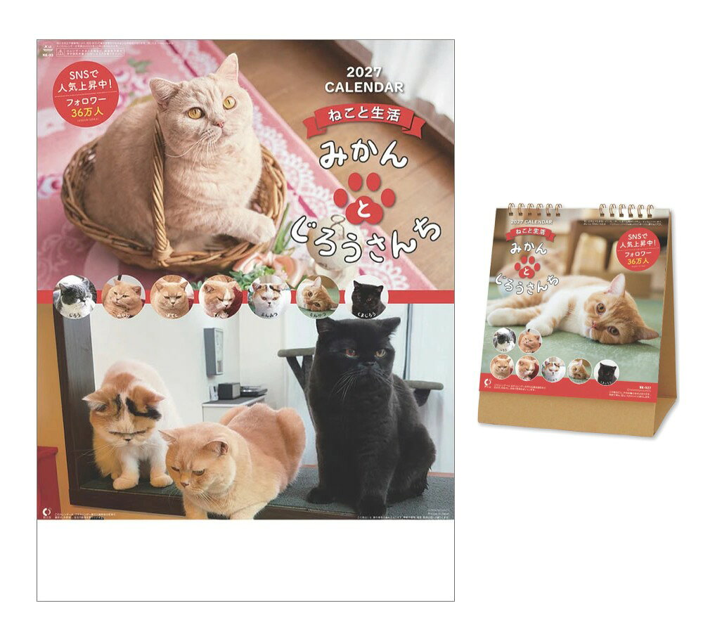 2027年 カレンダー 【新品】■タイトル／ねこと生活 みかんとじろうさんち 2027年カレンダー 壁掛け・卓上セット ■品番／27CL-400-401 ■JAN／4985849134641・4985849134320 ■サイズ・仕様／[壁掛け]54×38cm・13枚 [卓上]18×15cm・13枚 / ヒラ・ヒラ ■商品説明／「ねこと生活 みかんとじろうさんち」2027年カレンダーが登場！ 壁掛けカレンダーと卓上カレンダーの2点セットです。 【セット内容】 ■27CL-400 ねこと生活 みかんとじろうさんち ×1 (JAN:4985849134641) ■27CL-401 卓上 ねこと生活 みかんとじろうさんち ×1 (JAN:4985849134320) ※画像はイメージです。画像内のサイズ比は実物と異なります。あらかじめご了承ください。 ◆カレンダーご購入時の注意事項 ●掲載画像はイメージです。昨年の仕様や製作途中のものを含む場合があり、実物とは異なる場合がございます。 　また、セット商品の画像につきましては、サイズ比が実物と異なる場合がございます。 　詳しいサイズは商品ページに記載しておりますので、そちらをご参照ください。 ●商品の発売日や仕様などは、予告なく変更となる場合がございます。 　個別でのご案内は行っておりませんので、最新情報は商品ページにてご確認ください。 　なお、生産中止となった場合には、当店より別途ご連絡を差し上げます。 ●カレンダーは季節商品のため、メーカー在庫がなくなり次第、販売終了となります。 　ご検討中のお客様はお早めのご注文をおすすめいたします。 ◆発送について ●配送業者のご指定は承っておりません。 　商品の数量・サイズ・重量・お届け先を考慮のうえ、当店にて配送方法を選定させていただきます。 ●お届け日時のご指定は承っておりません。 ●カレンダーは他の商品（CD・DVD・雑貨など）との同梱発送を承っておりません（一部対象商品を除く）。 ●複数の商品をご注文いただいた場合、すべての商品が揃い次第、まとめて発送いたします（最も遅い発売日に合わせての発送となります）。 　発売済み商品の先行発送をご希望の場合は、恐れ入りますが予約商品とは別々にご注文ください。 　※当店では自動での分割発送は行っておりません。あらかじめご了承ください。 ●受注状況や受注内容により、同じ日にご注文いただいた場合でも、発送日が異なる場合がございます。 ●発売日以降のお届けを予定しておりますが、受注状況や天候などの影響により、お届けまでお時間をいただく場合がございます。