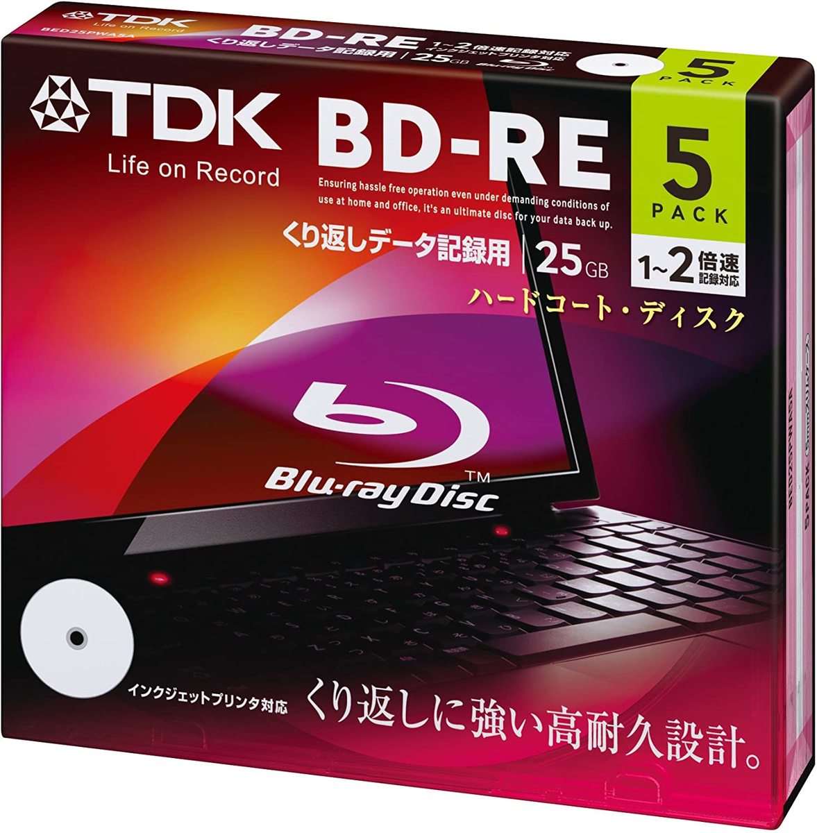 TDK データ用 ブルーレイ ディスク BD-RE 25GB 1-2倍速ホワイトワイドプリンタブル 5枚 5mmスリムケース BED25PWA5A