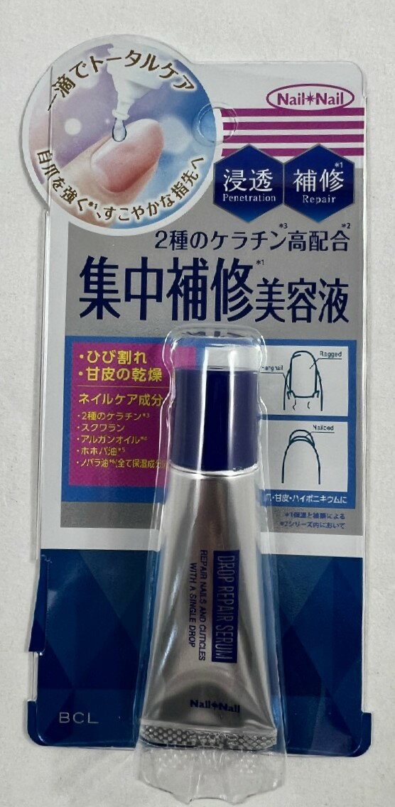 商品名：BCL ネイルネイル ドロップリペアセラム 爪美容液 6ml内容量：6mlJANコード：4515061012511発売元、製造元、輸入元又は販売元：スタイリングライフ・ホールディングス BCLカンパニー原産国：日本区分：化粧品商品番号：103-4515061012511商品説明一滴で指先のトータルケア！2種のケラチンを高配合した集中補修美容液。爪と指先の内側をケアする浸透ケラチンと、爪の表面をケアするコーティングケラチンを配合。指周りになじませることで、指先の乾燥ダメージを防ぎ甘皮にうるおいを与えてしなやかな指先へ導きます。爪や爪周りに素早くなじむ水ベースの美容液。ピンポイントに指先の悩みに滴下できるスポイトチューブ。外出先でも手軽にお使いいただけます。広告文責：アットライフ株式会社TEL 050-3196-1510 ※商品パッケージは変更の場合あり。メーカー欠品または完売の際、キャンセルをお願いすることがあります。ご了承ください。