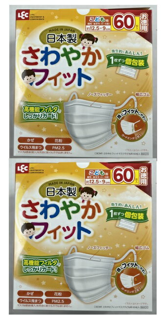 【60枚入×2箱セット送料込】レック さわやかフィットマスク 子ども用 園児・低学年(4歳〜9歳) 日本製の使い捨て不織布マスクです。 不織布マスク 使い捨て ますく キッズ (4573177597636 )