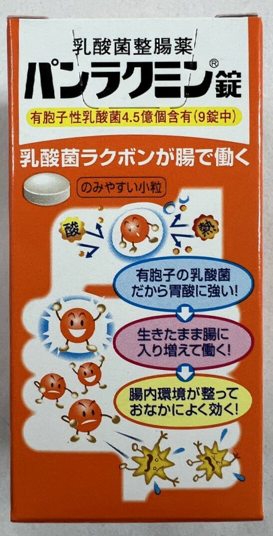 ※パッケージデザイン等は予告なく変更されることがあります。商品説明「パンラクミン錠 130錠」は、胃酸に強い有胞子性乳酸菌(ラクボン原末)を4.5億個含有した整腸剤です。腐敗菌などの有害細菌の増殖を抑えて、腸内環境を整え、便秘、軟便、腹部膨満感を改善します。胞子に包まれたラクボン菌は酸や熱に大変強く、保存にもよく耐え、胃酸の影響を受けずに腸内に達します。腸内に達するとラクボン菌は胞子を破って繁殖を始めますが、消化酵素のタカヂアスターゼN1とビオチンのサポート成分が、ラクボン菌の発育を促進し、整腸効果を高めます。甘みのある飲みやすい小粒錠剤。賞味期限等の表記についてパッケージに記載。使用上の注意●相談すること1.次の人は服用前に医師又は薬剤師に相談して下さい。(1)医師の治療を受けている人(2)本人又は家族がアレルギー体質の人(3)薬によりアレルギー症状を起こしたことがある人2.次の場合は、直ちに服用を中止し、この文書を持って医師又は薬剤師に相談して下さい(1)服用後、次の症状があらわれた場合関係部位症状皮ふ発疹・発赤、かゆみ(2)1ヶ月くらい服用しても症状がよくならない場合効能・効果●整腸(便通を整える)、便秘、軟便●腹部膨満感、消化不良、消化促進●もたれ、胸つかえ、食欲不振、食べすぎ用法・用量次の量を食後、そのまま服用するか又はかみくだいて服用して下さい。年齢1回服用量1日服用回数15歳以上3錠3回11歳以上15歳未満2錠5歳以上11歳未満1錠5歳未満服用しないで下さい【用法・用量に関連する注意】1.用法・用量を厳守して下さい。2.小児に服用させる場合には、保護者の指導監督のもとに服用して下さい。成分・分量薄い灰褐色の錠剤で、9錠中に次の成分を含有しています。成分含量(9錠中)作用有胞子性乳酸菌(ラクボン原末)45mg乳酸菌の胞子を製剤化したもので、保存によく耐え、服用後は腸管内で繁殖して腐敗菌などの有害細菌の増殖を抑えて、整腸作用を発揮するタカヂアスターゼN1135mg広いpH域で働く消化酵素で、消化を助け、栄養の吸収をよくするまたラクボン菌の発育を促進させるビオチン(ビタミンH)18ugラクボン菌の発育に必須なビタミンである添加物：タルク、ステアリン酸Mg(マグネシウム)、塩化Na(ナトリウム)、ヒドロキシプロピルセルロース、香料、バニリン、エチルバニリン、白糖、セルロース、乳糖ブランド：パンラクミン発売元：第一三共ヘルスケア 内容量：130錠 サイズ：40*40*80(mm)JANコード：　4987081299218[パンラクミン]健康食品[整腸(便通を整える)・軟便・便秘・腹部膨満の方に]発売元、製造元、輸入元又は販売元：第一三共ヘルスケア原産国：日本区分：医薬部外品広告文責：アットライフ株式会社TEL 050-3196-1510※商品パッケージは変更の場合あり。メーカー欠品または完売の際、キャンセルをお願いすることがあります。ご了承ください。