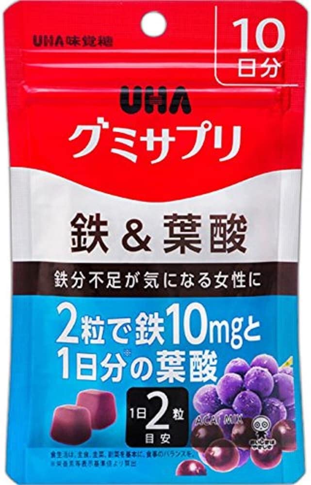 商品名：グミサプリ 鉄&葉酸 アサイーミックス味 10日分 20粒入内容量：20粒JANコード：4902750650268発売元、製造元、輸入元又は販売元：UHA味覚糖原産国：日本区分：栄養機能食品栄養成分：鉄、葉酸商品番号：103-490...