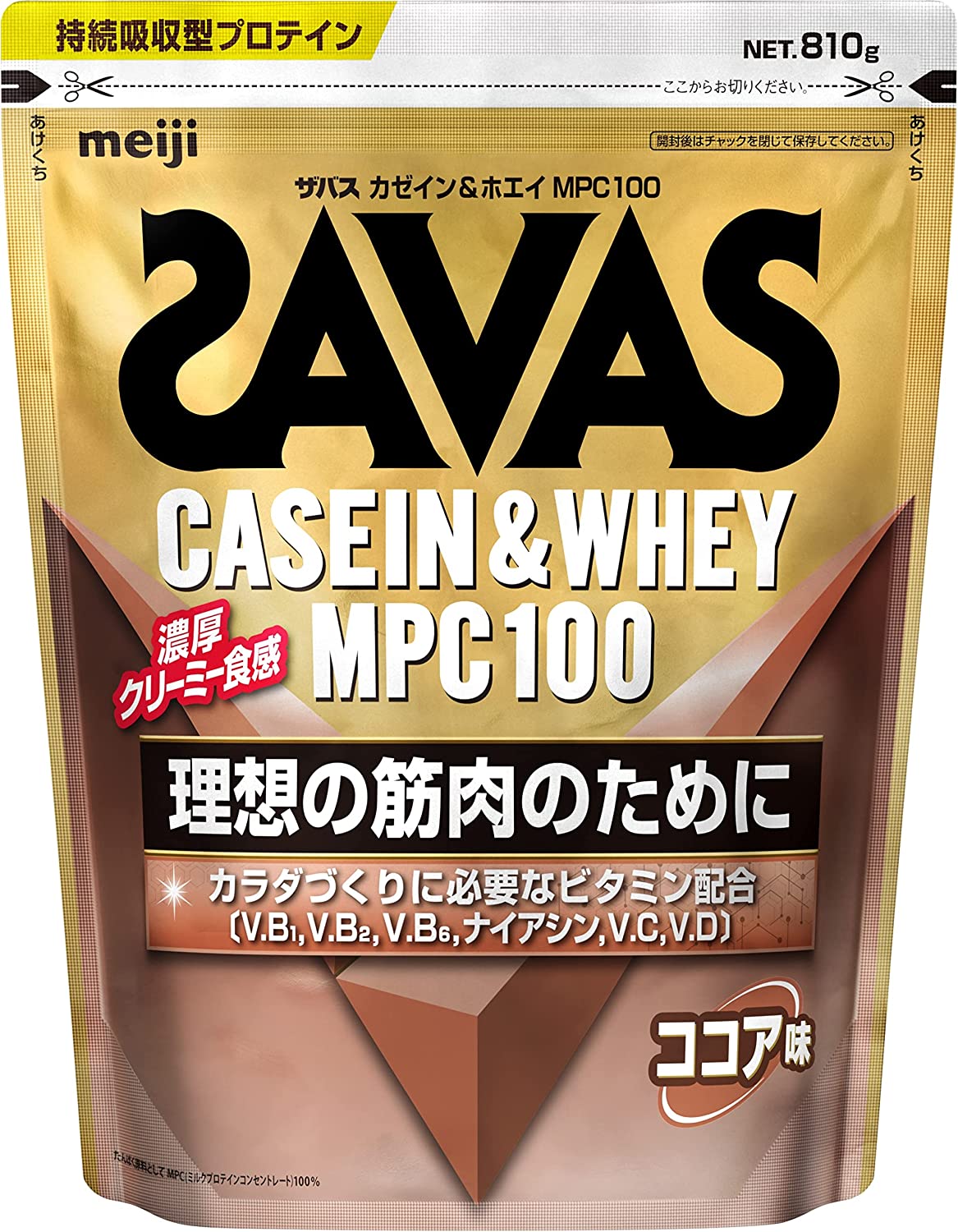 商品名：明治 ザバス SAVAS カゼインホエイ MPC 100 ココア味 810g内容量：810gJANコード：4902777315614発売元、製造元、輸入元又は販売元：明治原産国：日本区分：その他健康食品商品番号：103-4902777315614商品説明牛乳の栄養を濃縮したしっかりとした味わいのプロテイン。●栄養価に優れたミルクプロテインを20g配合●カラダづくりに必要な6種のビタミン配合●おいしく飲めるココア味成分乳たんぱく質（ニュージーランド製造）、ココアパウダー、デキストリン、植物油脂、食塩／甘味料（アスパルテーム・L-フェニルアラニン化合物、スクラロース、アセスルファムK）、香料、乳化剤、V.C、増粘剤（プルラン）、V.B2、V.B6、V.B1、ナイアシン、V.D、（一部に乳成分・大豆を含む）広告文責：アットライフ株式会社TEL 050-3196-1510 ※商品パッケージは変更の場合あり。メーカー欠品または完売の際、キャンセルをお願いすることがあります。ご了承ください。