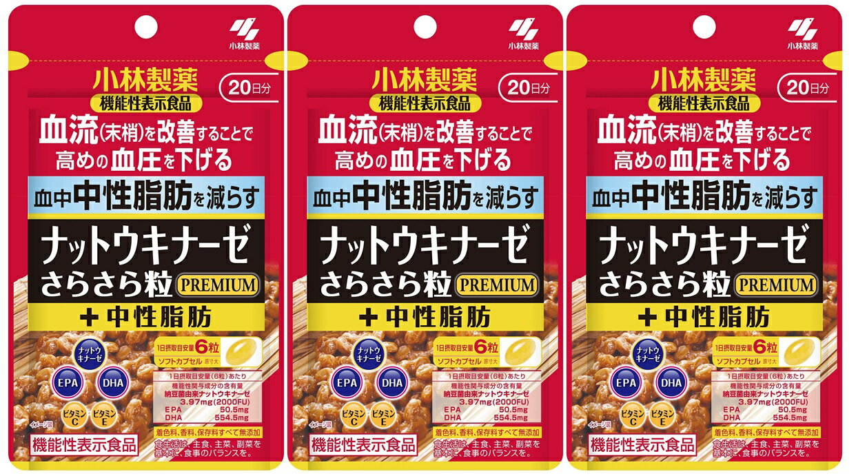 【×3袋セットメール便送料込】小林製薬 ナットウキナーゼ さらさら粒 PREMIUM 中性脂肪 20日分 120粒入 機能性表示食品