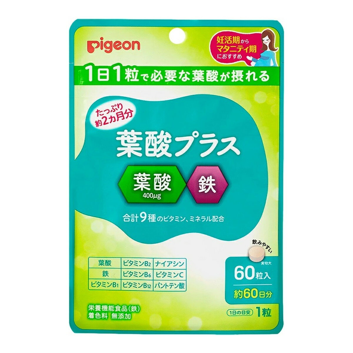 商品名：ピジョン 葉酸プラス 60粒 栄養機能食品内容量：60粒JANコード：4902508060882発売元、製造元、輸入元又は販売元：ピジョン原産国：日本区分：栄養機能食品（鉄）商品番号：101-80846商品説明妊活期・マタニティに必要な葉酸を100％サポート。赤ちゃんのすこやかな発育に役立つ葉酸400μgと、妊娠準備期・妊娠期にとりたい鉄などの9種のビタミン・ミネラルを届ける栄養設計のサプリメント。相性のよい栄養成分を組み合わせて、効率よく届ける設計です。1日1粒（目安）でOK。[栄養機能食品（鉄）]広告文責：アットライフ株式会社TEL 050-3196-1510 ※商品パッケージは変更の場合あり。メーカー欠品または完売の際、キャンセルをお願いすることがあります。ご了承ください。