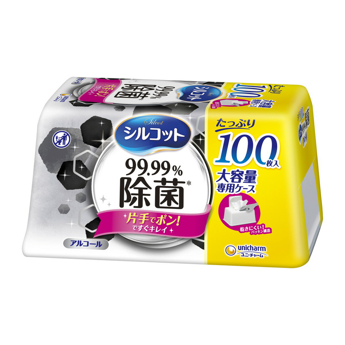 商品名：ユニ・チャーム シルコット 99.99%除菌 ウェットティッシュ 本体 大容量 100枚入内容量：100枚JANコード：4903111415779発売元、製造元、輸入元又は販売元：ユニ・チャーム株式会社原産国：日本商品番号：101-42391商品説明ワンプッシュでフタが開いて、片手でシートが取り出せるから、身の回りを手早くキレイにできるウェットティッシュです。厚手メッシュシートでキッチン・テーブルの除菌にも。100枚入ってたっぷり使用できる！※全ての菌を除菌するわけではありません。対物専用。広告文責：アットライフ株式会社TEL 050-3196-1510 ※商品パッケージは変更の場合あり。メーカー欠品または完売の際、キャンセルをお願いすることがあります。ご了承ください。