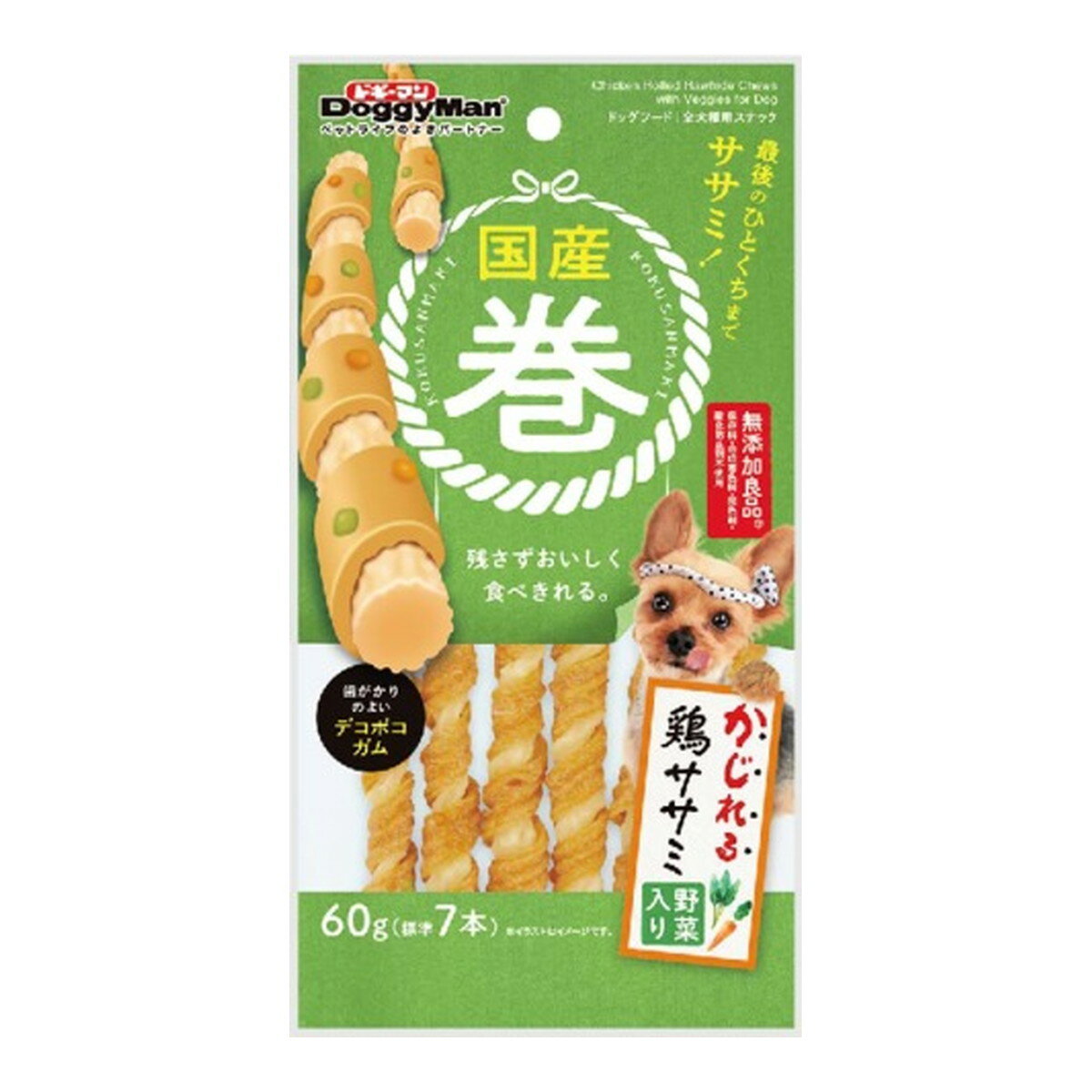 商品名：ドギーマン 国産巻 かじれる鶏ササミ 野菜入り 60g 標準7本 ドッグフード内容量：60gJANコード：4976555825121発売元、製造元、輸入元又は販売元：ドギーマン商品番号：101-m001-4976555825121商品説明●硬すぎないほどよい噛みごたえの鶏ササミ巻きおやつ。国産品。●牛皮ベースの歯がかりが良いデコボコガムにササミの風味たっぷりの緑黄色野菜入り鶏肉ペーストを巻いた。●肉とガムが外れにくく、端から端までしっかり噛んでおいしく食べられる。●手に持ってかじらせてあげてコミュニケーションにもなる。●保存料、合成着色料、発色剤、酸化防止剤を使用していない無添加良品品質。広告文責：アットライフ株式会社TEL 050-3196-1510 ※商品パッケージは変更の場合あり。メーカー欠品または完売の際、キャンセルをお願いすることがあります。ご了承ください。