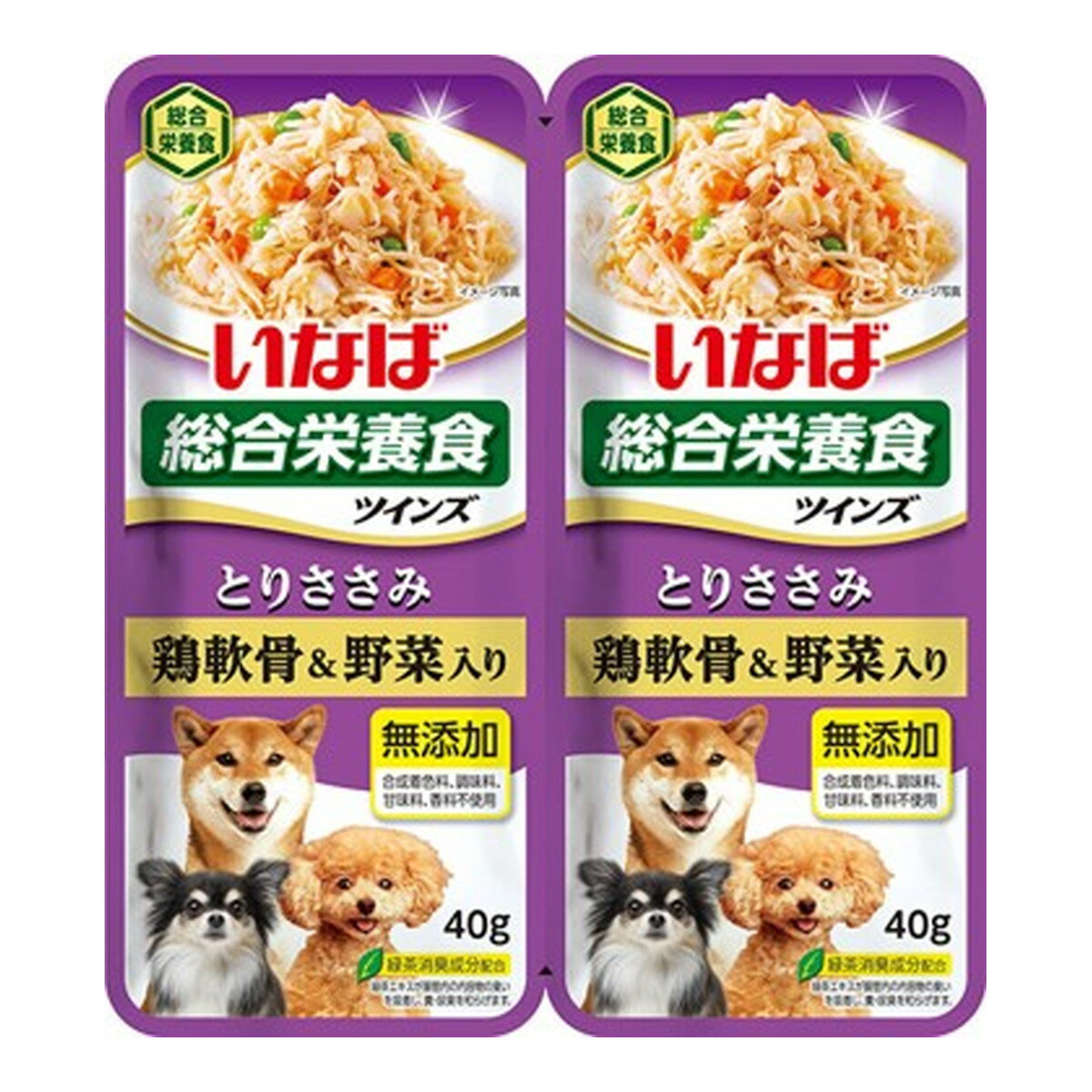 商品名：いなばペットフード ツインズ とりささみ 鶏軟骨&野菜入り 40g×2袋入 ドッグフード ウェット内容量：40g×2袋JANコード：4901133617669発売元、製造元、輸入元又は販売元：いなばペットフード商品番号：101-4901133617669商品説明小食の愛犬がいつでもおいしく食べられる40gの小袋パック。真ん中で切り離せるようになっています。とりささみに5つの野菜を加えました。通常のツインズと比較しLサイズ。広告文責：アットライフ株式会社TEL 050-3196-1510 ※商品パッケージは変更の場合あり。メーカー欠品または完売の際、キャンセルをお願いすることがあります。ご了承ください。