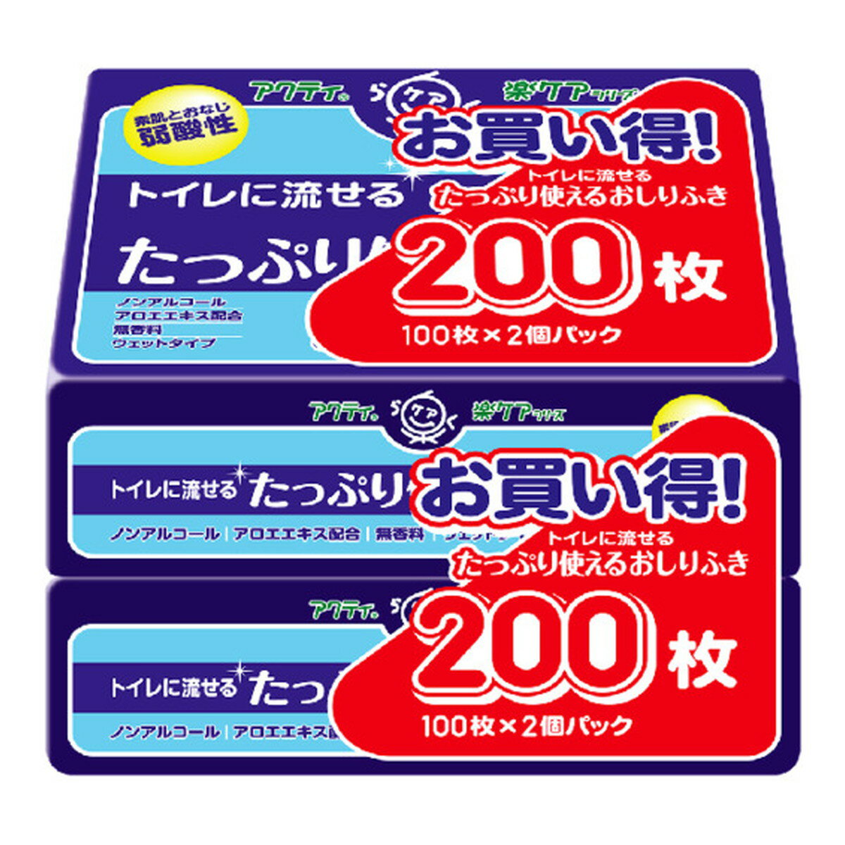 商品名：日本製紙クレシア アクティ トイレに流せるたっぷり使える おしりふき 100枚×2個パック内容量：100枚×2個パックJANコード：4901750808150発売元、製造元、輸入元又は販売元：日本製紙クレシア原産国：日本商品番号：101-4901750808150商品説明・たっぷり使える大容量200枚（100枚×2個パック）入・使用後にトイレに流せて便利・素肌と同じ弱酸性・片手でらくらく取出し口ストッパー機能付き・容器不要でこのまま使用・ノンアルコール・無香料・アロエエキス配合・シートサイズ：20×15cm広告文責：アットライフ株式会社TEL 050-3196-1510 ※商品パッケージは変更の場合あり。メーカー欠品または完売の際、キャンセルをお願いすることがあります。ご了承ください。