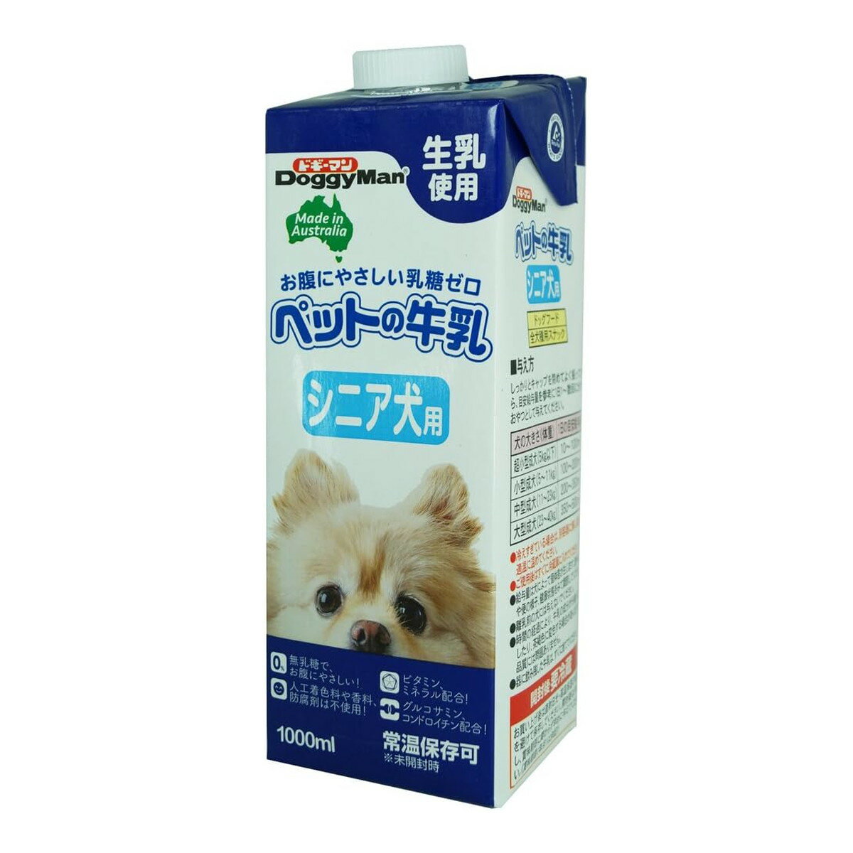 商品名：ドギーマン ペットの牛乳 シニア犬用 1000ml ドッグフード内容量：1000mlJANコード：4974926010374発売元、製造元、輸入元又は販売元：ドギーマン原産国：オーストラリア商品番号：101-4974926010374商品説明オーストラリア産の生乳から作った、風味が生きているシニア犬用の牛乳です。おなかにやさしい乳糖ゼロ。製造過程で乳糖を完全分解しました。人口着色料や香料、防腐剤を使用せず、生乳の旨さを最大限引き出しています。グルコサミン、コンドロイチン、ビタミン、ミネラル、カルシウム、タウリン配合。シニア犬の健全な生活をサポートします。グルコサミン、コンドロイチンを配合した関節にもやさしいおいしい牛乳です。広告文責：アットライフ株式会社TEL 050-3196-1510 ※商品パッケージは変更の場合あり。メーカー欠品または完売の際、キャンセルをお願いすることがあります。ご了承ください。