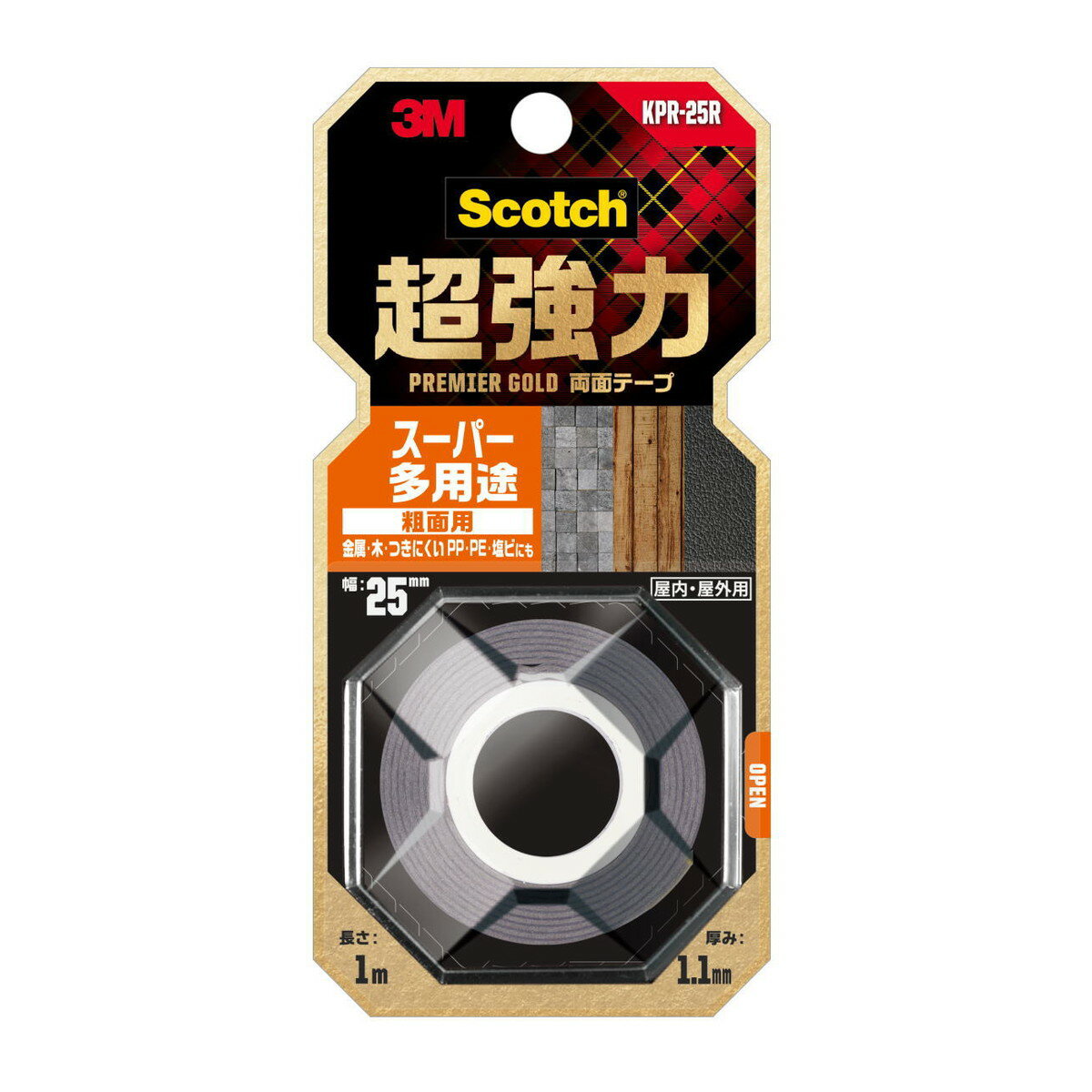 商品名：3M スコッチ 超強力 両面テープ プレミアゴールド スーパー 多用途 粗面用 25mm×1m内容量：1個JANコード：4550309264246発売元、製造元、輸入元又は販売元：3M原産国：日本商品番号：101-*004-4550309264246商品説明粗面にも使用可能です。広告文責：アットライフ株式会社TEL 050-3196-1510 ※商品パッケージは変更の場合あり。メーカー欠品または完売の際、キャンセルをお願いすることがあります。ご了承ください。