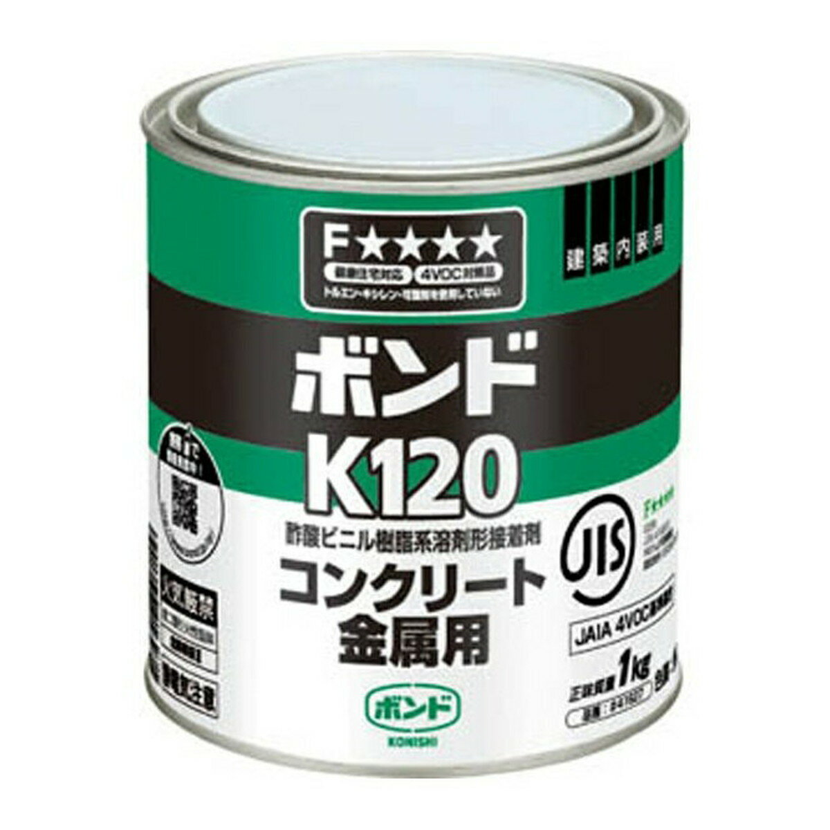 商品名：コニシ ボンド K120 コンクリート金属用 1kg 缶内容量：1kgJANコード：4901490416271発売元、製造元、輸入元又は販売元：コニシ原産国：日本商品番号：101-4901490416271商品説明衝撃や、はく離荷重に優れた耐性を発揮します。日本接着剤工業会JAIA 4VOC基準適合品です。広告文責：アットライフ株式会社TEL 050-3196-1510 ※商品パッケージは変更の場合あり。メーカー欠品または完売の際、キャンセルをお願いすることがあります。ご了承ください。